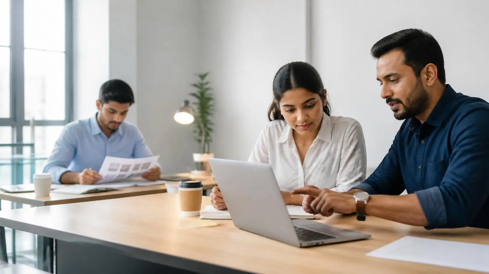 Interns collaborating around a laptop