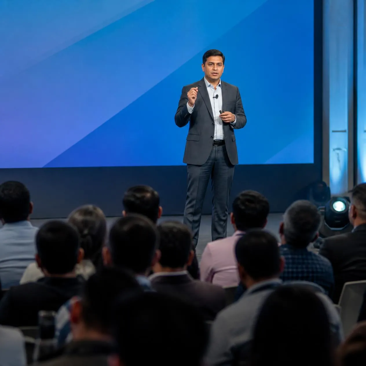 Speaker presenting on stage to a large audience